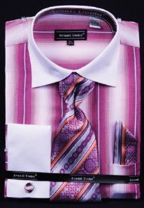 Avanti Uomo Fuchsia / White Pinstripes Design Shirt / Tie / Hanky Set With Free Cufflinks DN59M.