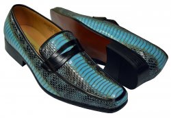 Antonio Cerrelli Turquoise Blue / Black PU Leather Python Print Penny Loafer Shoes 6494