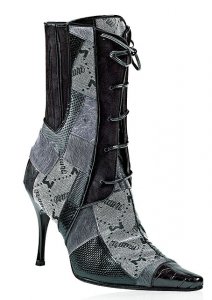 Mauri Ladies "Eccentric" Black/Grey Genuine Crocodile/Suede/Mauri Fabric High Heel Pointed Toe Boots With Adjustable Laces