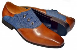 Carrucci Cognac / Denim Blue Genuine Leather Spat-Style Shoes With Buttons KS524-12DC