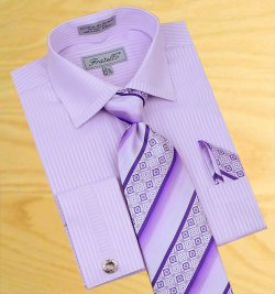Fratello Lavender Shadow Stripes Shirt/Tie/Hanky Set With Free Cuff links FRV4112P2