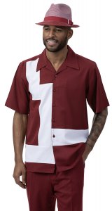 Montique Burgundy / White Horizontal Lined Short Sleeve Outfit 2077.
