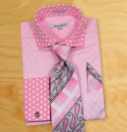 Daniel Ellissa Pink / White Polka Dot Self Check Spread Collar Shirt / Tie / Hanky Set With Free Cufflinks DS3780P2