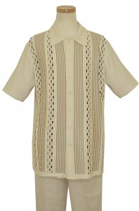 Inserch Off White / Brown / Tan 2Pc Short Sleeve Knitted Silk Blend Outfit 714