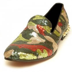 Fiesso Green Genuine Leather With Sequin Slip-On Gold Metal Heel FI7033A.
