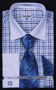 Daniel Ellissa Royal Blue Small Checker Shirt / Tie / Hanky Set With Free Cufflinks DS3765P2