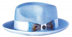 Steven Land Light Blue / White Feather Bow Banded Fedora Straw Hat SLCN-526.
