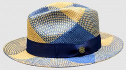 Bruno Capelo Navy / Camel / Denim Blue Multi Patterned Fedora Straw Hat CU-401