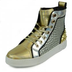 Encore by Fiesso Silver/ Gold Genuine Leather Casual High Top Sneakers Boot FI2362.