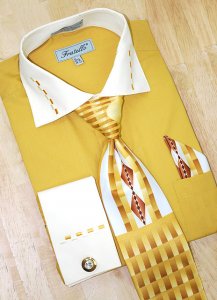 Fratello Mustard/Cream w/ Dash Design Shirt/Tie/Hanky Set DS3721P2
