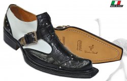 Mauri 44237 Black / White Genuine Ostrich / Calf Leather Loafer Shoes With Monk Straps