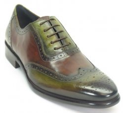 Carrucci Olive / Brown Genuine Leather Wingtip Oxford Lace-Up Shoes KS886-11T.