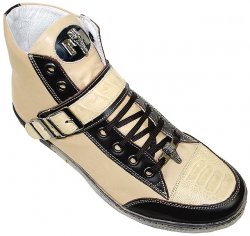Mauri 8898 Champagne/Brown Genuine Ostrich Leg And Nappa Leather High-Top Sneakers With Double Buckle Monk Strap & Silver Mauri Alligator Head
