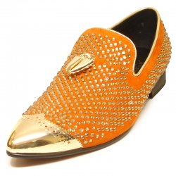 Fiesso Orange Genuine Suede Leather Rhinestone Golden Metal Tip Slip-On With Tassels FI6968.