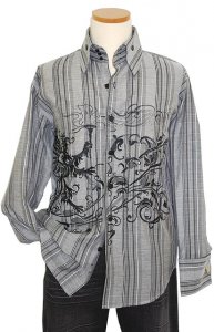 Manzini Grey With Black/White Stripes & Embroidery Long Sleeves 100% Cotton Shirt MZ-400