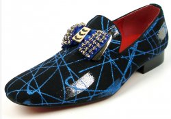 Fiesso Blue / Black Genuine Suede Rhinestone Ornamented Slip On Shoes FI7426.