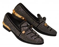 Fiesso Black Genuine Suede Leather Slip On Shoes With Rhinstones / Gold Spiked Heels And Tassels FI6958