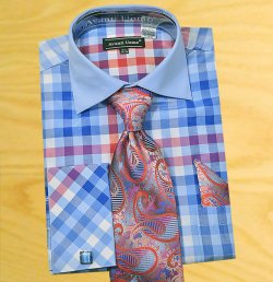 Avanti Uomo Blue / Pink / White Check Design Shirt / Tie / Hanky Set With Free Cufflinks DN60M