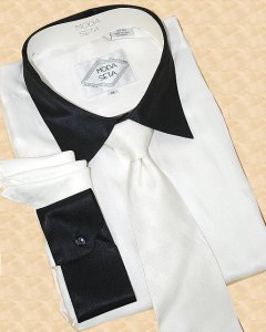 "Moda Seta" By Steven Land White/Black Self Design 100% Silk Shirt/Tie/Hanky Set T18