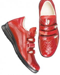 Fennix Italy 3107 Flame Red Genuine Alligator/Nappa/Diamond Calf Leather Sneakers With Three Swarovski Crystals Alligator Heads