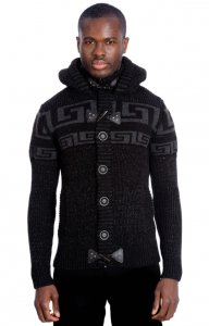 LCR Black / Grey Modern Fit Wool Blend Sherpa Lined Hooded Cardigan Sweater 6650