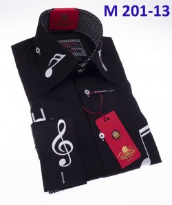 Axxess Black / White Music Note Embroidery Cotton Modern Fit Dress Shirt With French Cuff M201-13.