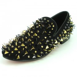 Fiesso Black Suede Leather Loafers With Golden Spikes FI7239.