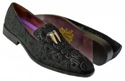 Antonio Cerrelli Black / Silver Embossed Velvet Slip-On Shoes With Metal Tassels 6723