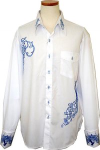 Manzini White With Sky Blue Embroidered Emblem Long Sleeves 100% Cotton High-Collar Shirt MZ-69