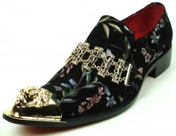 Fiesso Black Genuine Suede Floral Design Metal Tip Ornamented Slip On Shoes FI7394.