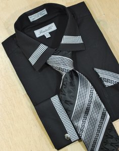 Fratello Black With Black / White Custom Houndstooth Trimming Shirt/Tie/Hanky Set With Free Cuff links FRV4109P2