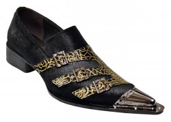 Zota Black / Yellow Gold Genuine Leather / Pony Hair Loafers With Triple Monk Straps G908-10