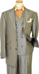 Extrema Metallic Grey With Silver Grey / Apricot Pinstripes Super 140's Wool Vested Suit HA00205 / HA00163