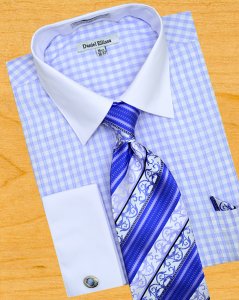 Daniel Ellissa White / Sky Blue Windowpanes Shirt / Tie / Hanky Set With Free Cufflinks DS3762P2