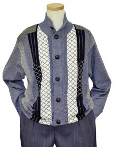 Silversilk Denim / White / Navy Knitted Silk Blend Sweater With Front Buttons And Suede Patches 3212