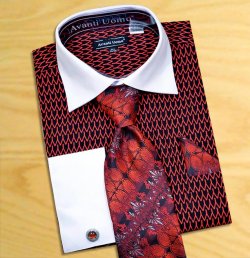 Avanti Uomo Black / Red Pointed Two Tone Design Shirt / Tie / Hanky Set With Free Cufflinks DN61M
