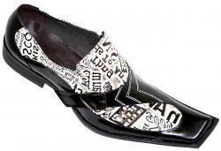 Zota Black And White Newspaper Print Diagonal Toe Leather Shoes With Side Buckle G322/7