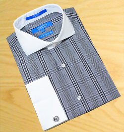 Assante White / Black/Grey Super 80’s Two Ply 100% Cotton Dress Shirt With White Spread Collar / White French Cuffs 614