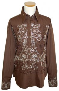 Manzini Chocolate Brown with Chocolate Brown/Cream Embroidered Long Sleeves 100% Cotton Shirt MZ-67