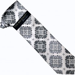 Steven Land Collection "Big Knot" SL134 White / Black / Grey Artistic Design 100% Woven Silk Necktie/Hanky Set