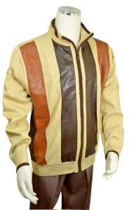 Bagazio Beige / Dark Brown / Cognac PU Leather Zip-Up Cardigan Sweater BM1952