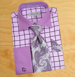 Fratello Lavender / Black Windowpanes Shirt / Tie / Hanky Set With Free Cufflinks FRV4132P2