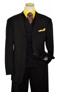 Extrema Solid Black With Black Handpick Stitching Super 140's Wool Vested Suit UE90188