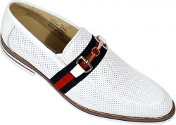 Fratelli Premium White Perforated Leather With Gold Metal Bracelet/ Italian Stripe Loafer Shoes 9040-07