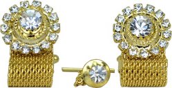 Classico Italiano Gold Plated Round Wrap-Around Cufflinks / Tie Pin Set With Large / Small Clear Rhinestones