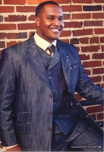 Blu Martini Navy With Rust Hand-Pick Stitching Super 150's Glossy Denim Suit With Double Breasted Vest