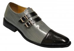 Liberty Grey / Black Eel Print PU Leather Cap Toe Double Monk Strap Shoes LS-1048