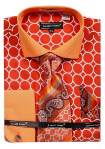 Avanti Uomo Orange Circle Pattern French Cuff 100% Cotton Shirt / Tie / Hanky Set With Free Cufflinks DN68M.