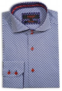 Axxess White / Navy Blue Floral Design Handpick Stitched Cotton Dress Shirt 198-04