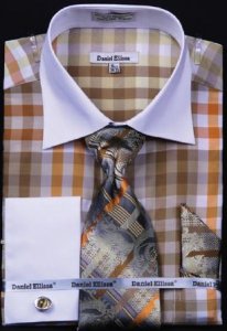 Daniel Ellissa Olive Checker Pattern Shirt / Tie / Hanky Set With Free Cufflinks DS3773P2